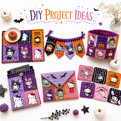 10Pc/Set Sanrio Series Kitty PompomPurin Melody Kuromi Halloween Fat Quarter Fabric, Pre-Cut Square Fabric Assort, Fabric Set, Craft Fabric, Handmade DIY Patchwork Fabric,Home Quilting Sewing Fabric, Packaging Fabric, Scrapbooking Craft Hobbyist