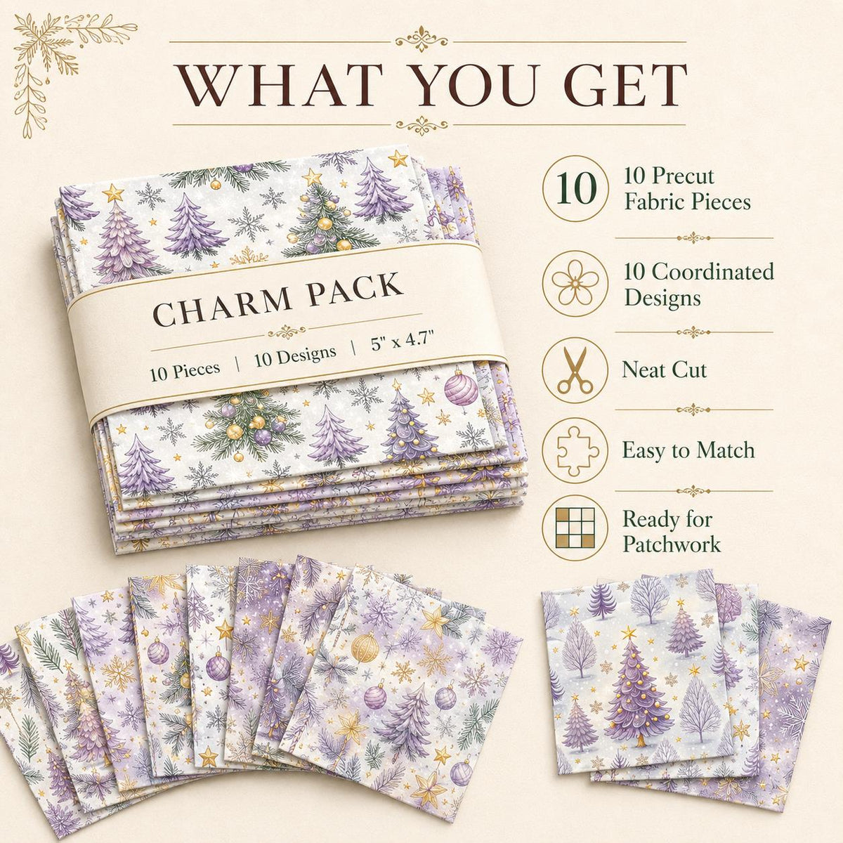 10pcs Charm Pack Set Christmas Tree Pattern Vintage Style Handmade DIY with Rich Color and Texture Elements 100% Polyester Patchwork in 10 Design Styles Suitable for Patchwork DIY Craft Projects DIY Wallet Making Gift Giving Bag Making Mother's Day Gift