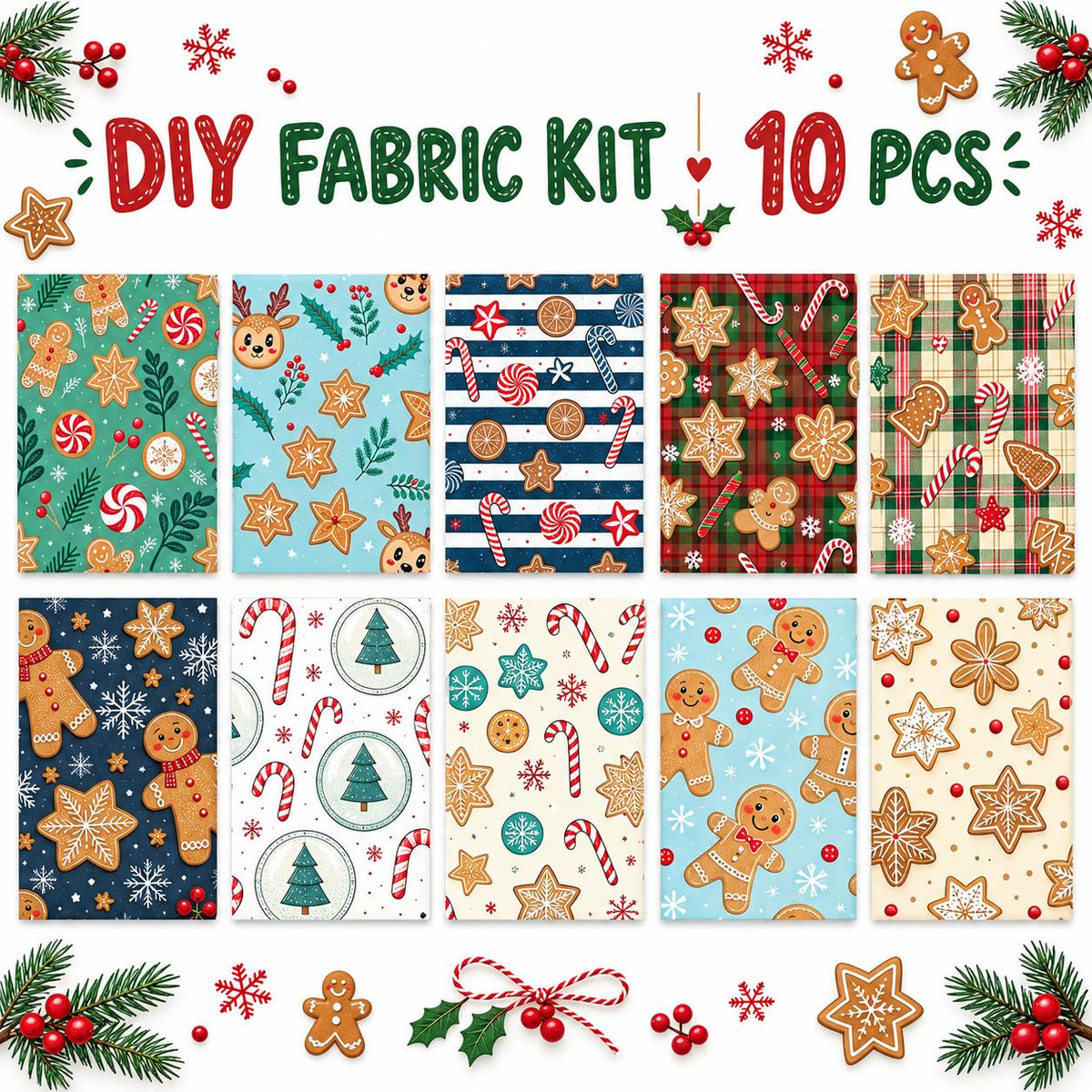 10Pc/Set Christmas Series Stripe Deer Dot Crutch Holly Tree Fat Quarter Fabric, Pre-Cut Square Fabric Assort, Fabric Set, Craft Fabric, Handmade DIY Patchwork Fabric,Home Quilting Sewing Fabric, Packaging Fabric, Scrapbooking Craft Hobbyist