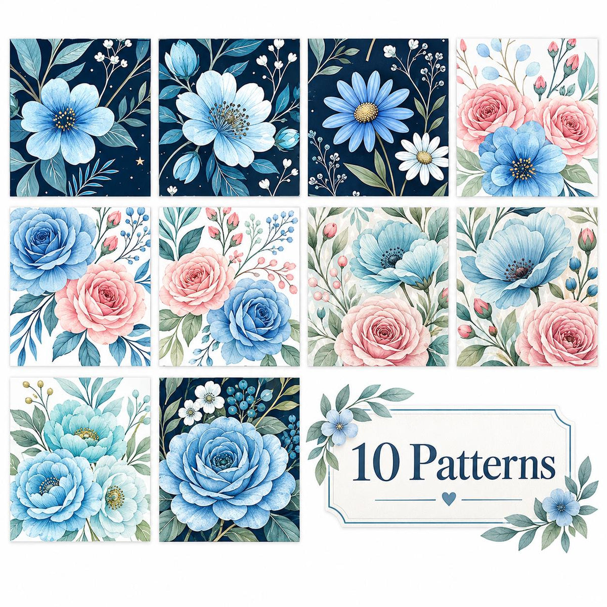 10pcs Vintage Blue Floral Pattern Jelly Roll Fabric Strips 2.5X19.7inch Pre-Cut 100% Polyester For Patchwork Quilts, Table Runners, Placemats, Tote Bags, Storage Pouches, Makeup Bags, Coasters, Quilt Blocks & Binding