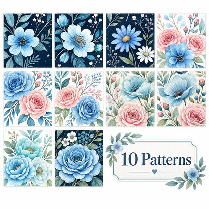 10pcs Vintage Blue Floral Pattern Jelly Roll Fabric Strips 2.5X19.7inch Pre-Cut 100% Polyester For Patchwork Quilts, Table Runners, Placemats, Tote Bags, Storage Pouches, Makeup Bags, Coasters, Quilt Blocks & Binding