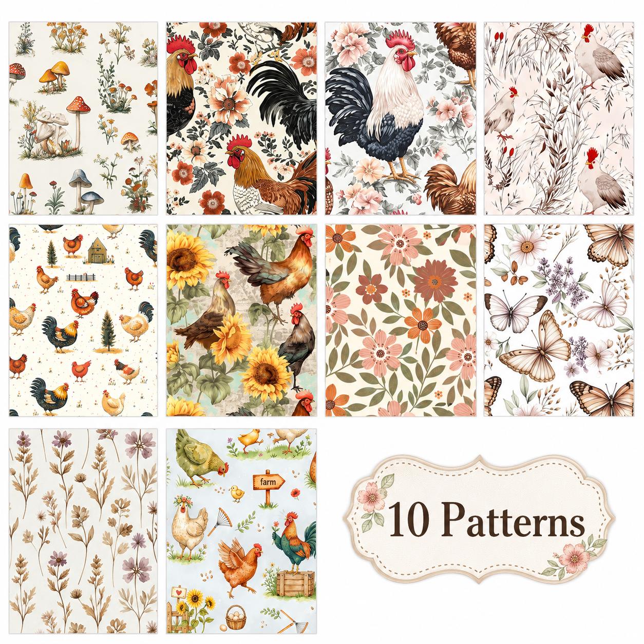10Pc/Set, Making 10 Images 1pc Each, Each Size: 6.3*50cm Floral Butterfly Rooster Series Sliced Fabric Set Style Combination, Polyester Jelly Roll Fabric Strips, Pre-Cut Quilting Squares, For Quilting DIY, Handicrafts And Sewing, Blankets, Rugs