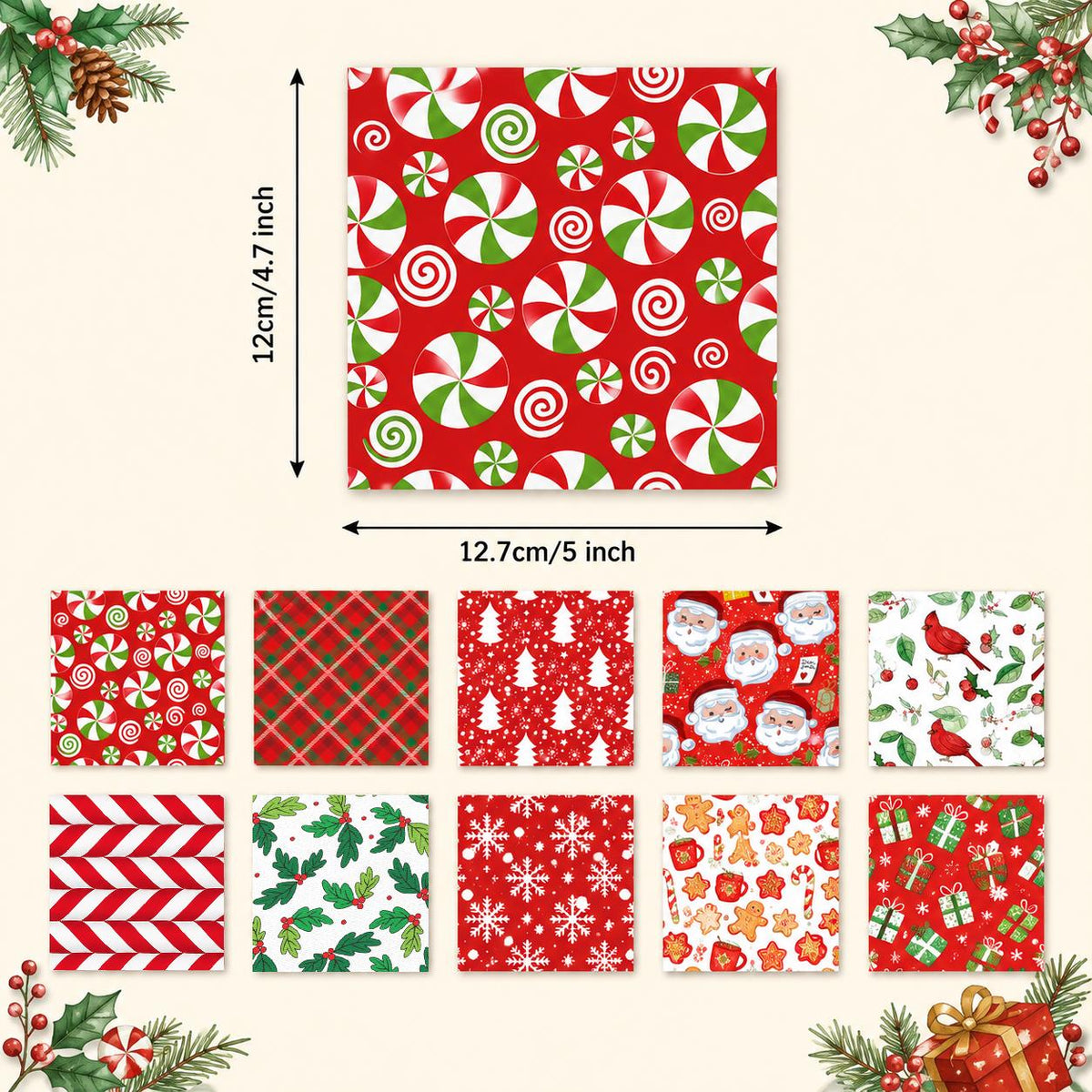 10pcs Charm Pack Set Holly Santa Christmas Pattern Vintage Style Handmade DIY with Rich Color and Texture Elements 100% Polyester Patchwork in 10 Design Styles Suitable for Patchwork DIY Craft Projects DIY Wallet Making Gift Giving Bag Making Mother's Day