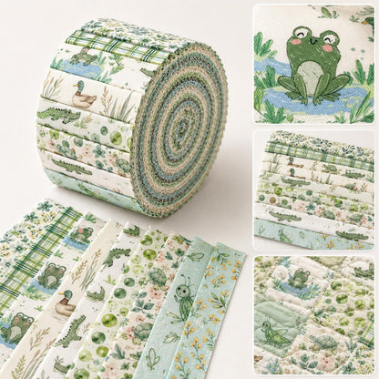 10Pc/Set, Making 10 Images 1pc Each, Each Size: 6.3*50cm Animal Frog Green Series Sliced Fabric Set Style Combination, Polyester Jelly Roll Fabric Strips, Pre-Cut Quilting Squares, For Quilting DIY, Handicrafts And Sewing, Blankets, Rugs