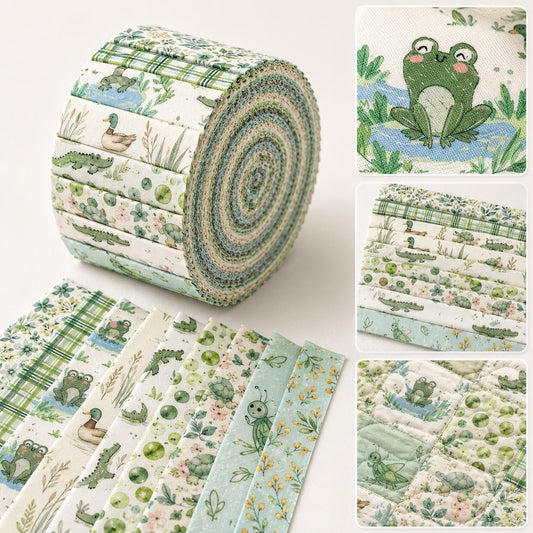 10Pc/Set, Making 10 Images 1pc Each, Each Size: 6.3*50cm Animal Frog Green Series Sliced Fabric Set Style Combination, Polyester Jelly Roll Fabric Strips, Pre-Cut Quilting Squares, For Quilting DIY, Handicrafts And Sewing, Blankets, Rugs