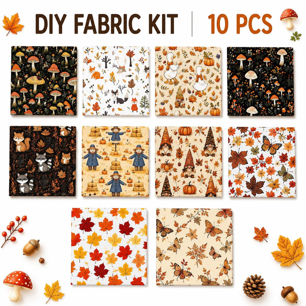 10Pc/Set Autumn Series Pumpkin Maple Leaf Thanksgiving Day Turkey Mushroom Duck Fat Quarter Fabric, Pre-Cut Square Fabric Assort, Fabric Set, Craft Fabric, Handmade DIY Patchwork Fabric,Home Quilting Sewing Fabric, Packaging Fabric, Scrapbooking Craft Hob