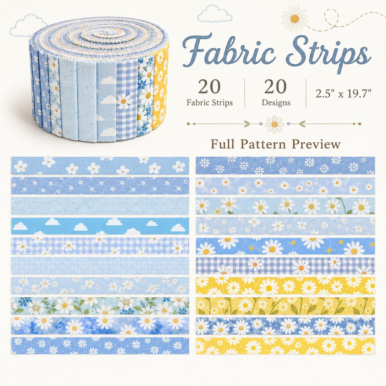 20pcs Vintage Daisy Floral Blue Series Jelly Roll Sliced Fabric Strips 2.5X19.7inch Fresh and Delicate Printed Pre-cut Multi-Color 100% Polyester for DIY Handmade Patchwork, Table Runners, Placemats, Tote Bags, Storage Pouches, Makeup Bags, Coasters