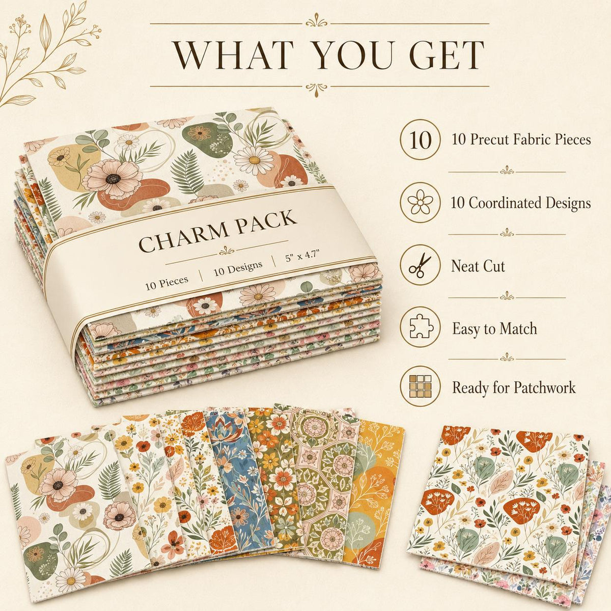 10pcs Charm Pack Set PaInt Splatter Floral Pattern 100% Polyester Patchwork in 10 Design Styles, Ready-To-Sew Without Cutting, Suitable For Patchwork Wallet Making Gift Giving Tote Bags Coasters DIY Craft Projects