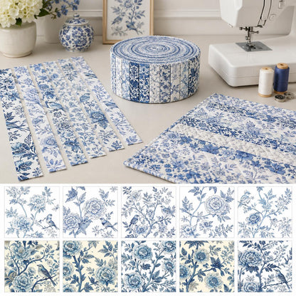 10pcs Vintage Blue Floral Pattern Jelly Roll Fabric Strips 2.5X19.7inch Pre-Cut 100% Polyester For Patchwork Quilts, Table Runners, Placemats, Tote Bags, Storage Pouches, Makeup Bags, Coasters, Quilt Blocks & Binding