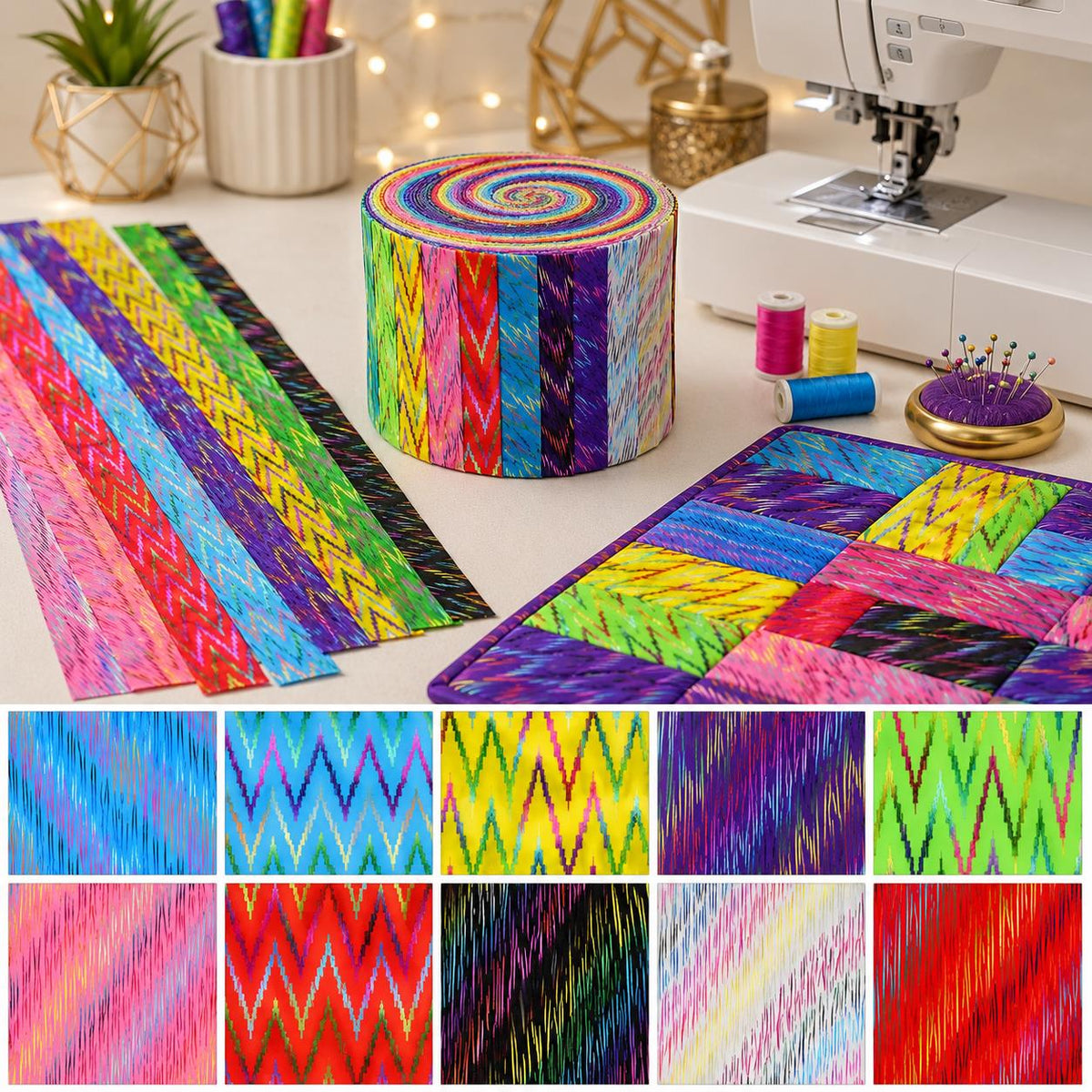 10pcs Vintage Chevron, Zig Zags Pattern Jelly Roll Fabric Strips 2.5X19.7inch Pre-Cut 100% Polyester For Patchwork Quilts, Table Runners, Placemats, Tote Bags, Storage Pouches, Makeup Bags, Coasters, Quilt Blocks & Binding