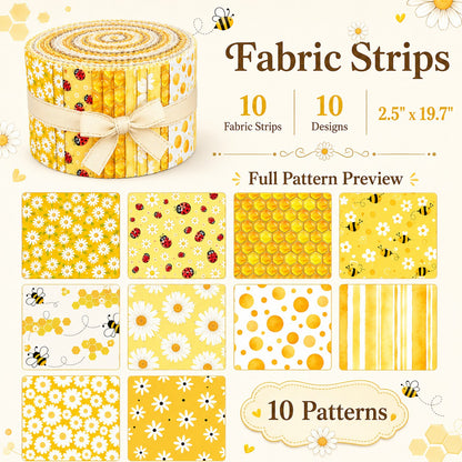 10Pc/Set, Making 10 Images 1pc Each, Each Size: 6.3*50cm Ladybug Bee Spring Daisy Yellow Series Sliced Fabric Set Style Combination, Polyester Jelly Roll Fabric Strips, Pre-Cut Quilting Squares, For Quilting DIY, Handicrafts And Sewing, Blankets, Rugs