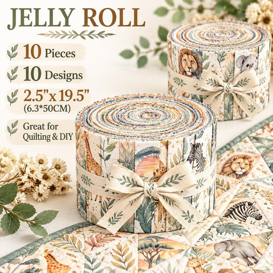 10pcs Vintage Animal Koala Lion Panther Giraffe Theme Jelly Roll Fabric Strips 2.5X19.7inch Pre-Cut 100% Polyester For Patchwork Quilts, Table Runners, Placemats, Tote Bags, Storage Pouches, Makeup Bags, Coasters, Quilt Blocks & Binding
