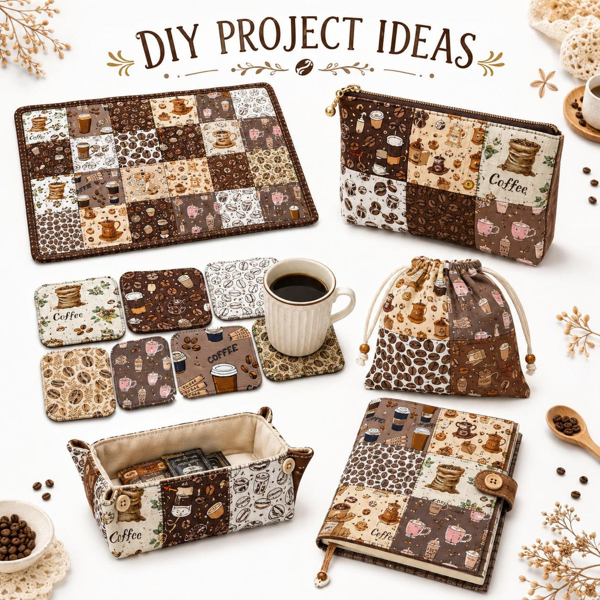 10Pc/Set Coffee Beans Series Leaves Drinks Fat Quarter Fabric, Pre-Cut Square Fabric Assort, Fabric Set, Craft Fabric, Handmade DIY Patchwork Fabric,Home Quilting Sewing Fabric, Packaging Fabric, Scrapbooking Craft Hobbyist