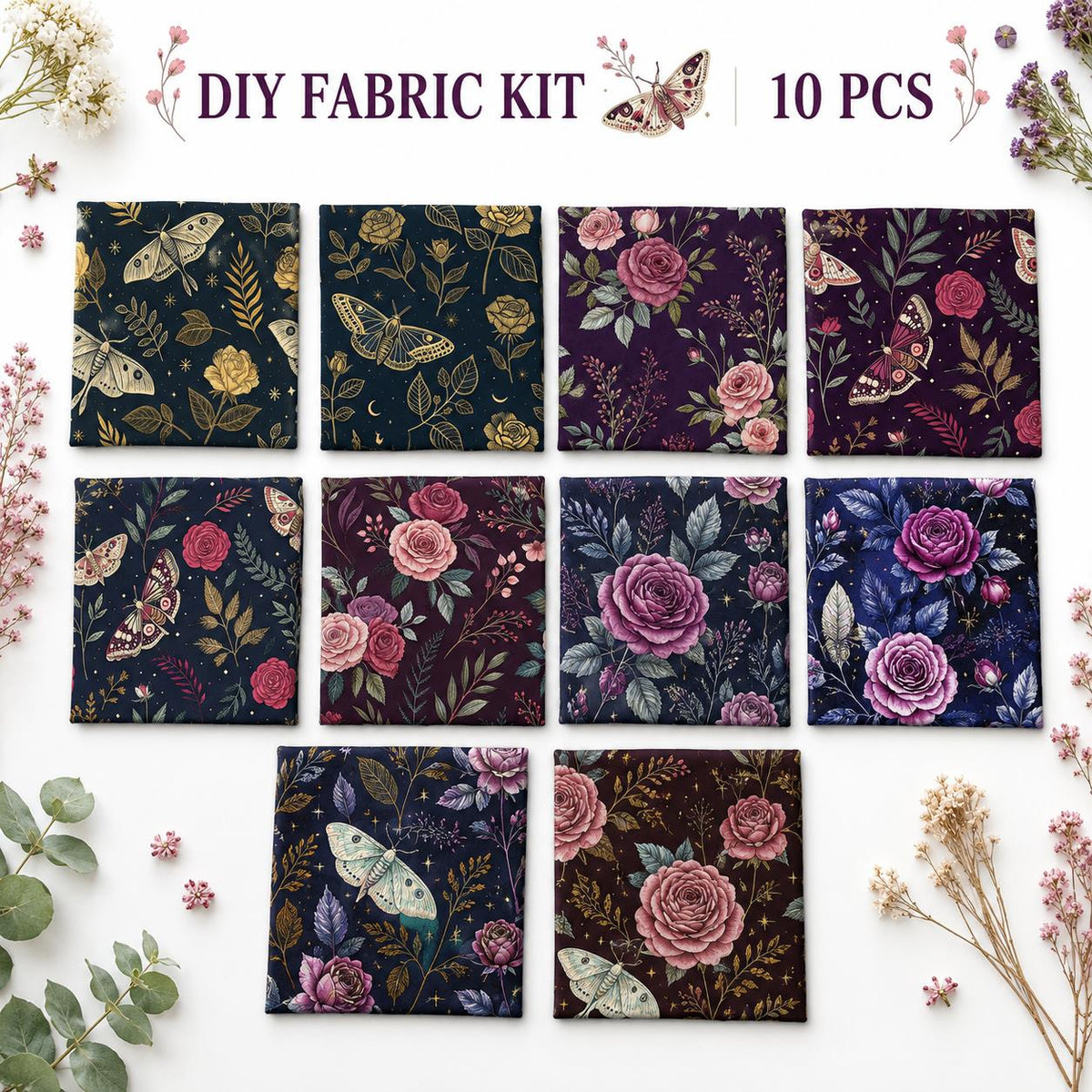 10Pc/Set Flower Series Butterfly Rose Fat Quarter Fabric, Pre-Cut Square Fabric Assort, Fabric Set, Craft Fabric, Handmade DIY Patchwork Fabric,Home Quilting Sewing Fabric, Packaging Fabric, Scrapbooking Craft Hobbyist