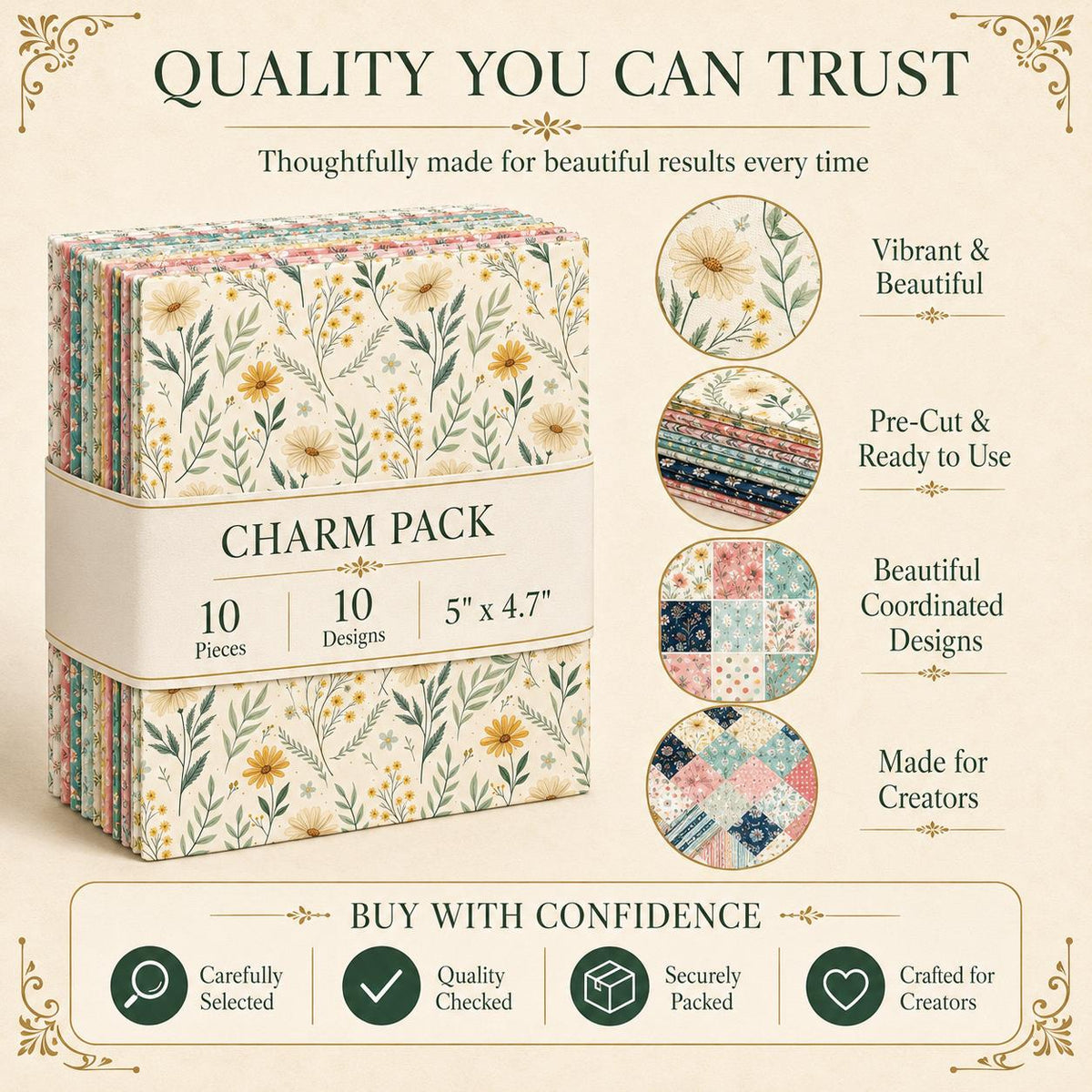 10pcs Charm Pack Set Floral Pattern Vintage Style Handmade DIY with Rich Color and Texture Elements 100% Polyester Patchwork in 10 Design Styles Suitable for Patchwork DIY Craft Projects DIY Wallet Making Gift Giving Bag Making Mother's Day Gift