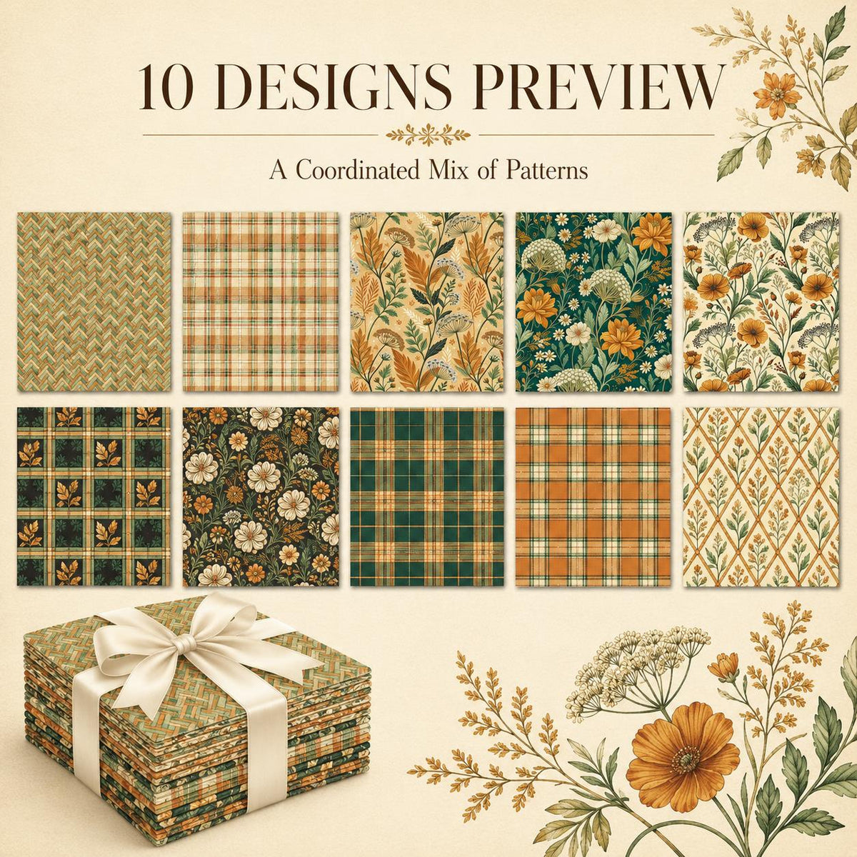 10pcs Charm Pack Set Floral Pattern Vintage Style Handmade DIY with Rich Color and Texture Elements 100% Polyester Patchwork in 10 Design Styles Suitable for Patchwork DIY Craft Projects DIY Wallet Making Gift Giving Bag Making Mother's Day Gift