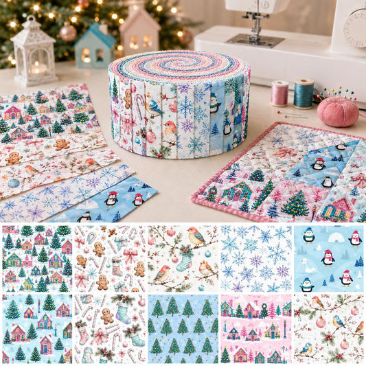 10pcs Vintage Penguin Gift Snow Christmas Tree Theme Jelly Roll Fabric Strips 2.5X19.7inch Pre-Cut 100% Polyester For Patchwork Quilts, Table Runners, Placemats, Tote Bags, Storage Pouches, Makeup Bags, Coasters, Quilt Blocks & Binding