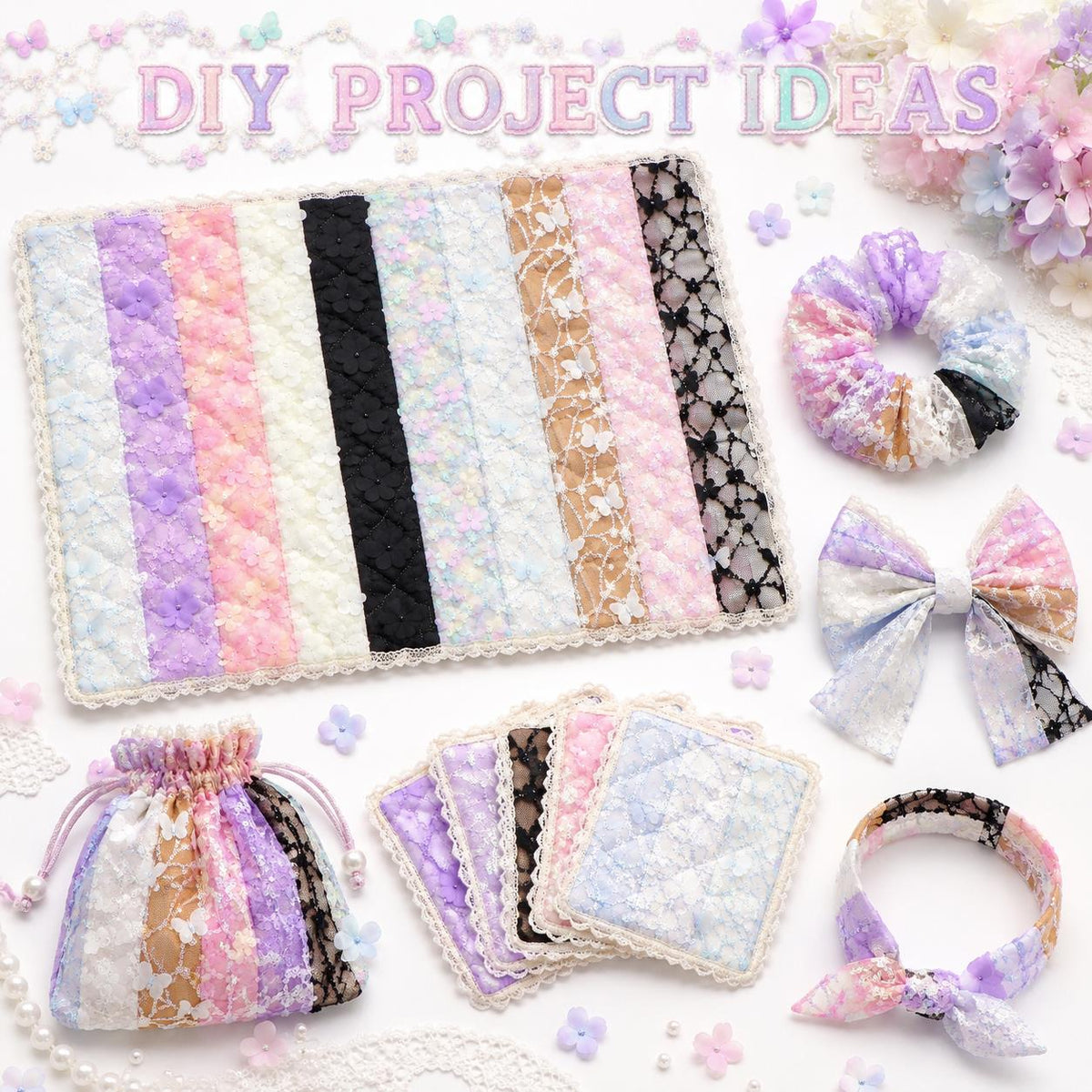 10Pc/Set, Making 10 Images 1pc Each, Each Size: 6.3*50cm Floral Butterfly Mesh Gauze Lace Series Sliced Fabric Set Style Combination, Polyester Jelly Roll Fabric Strips, Pre-Cut Quilting Squares, For Quilting DIY, Handicrafts And Sewing, Blankets, Rugs, I