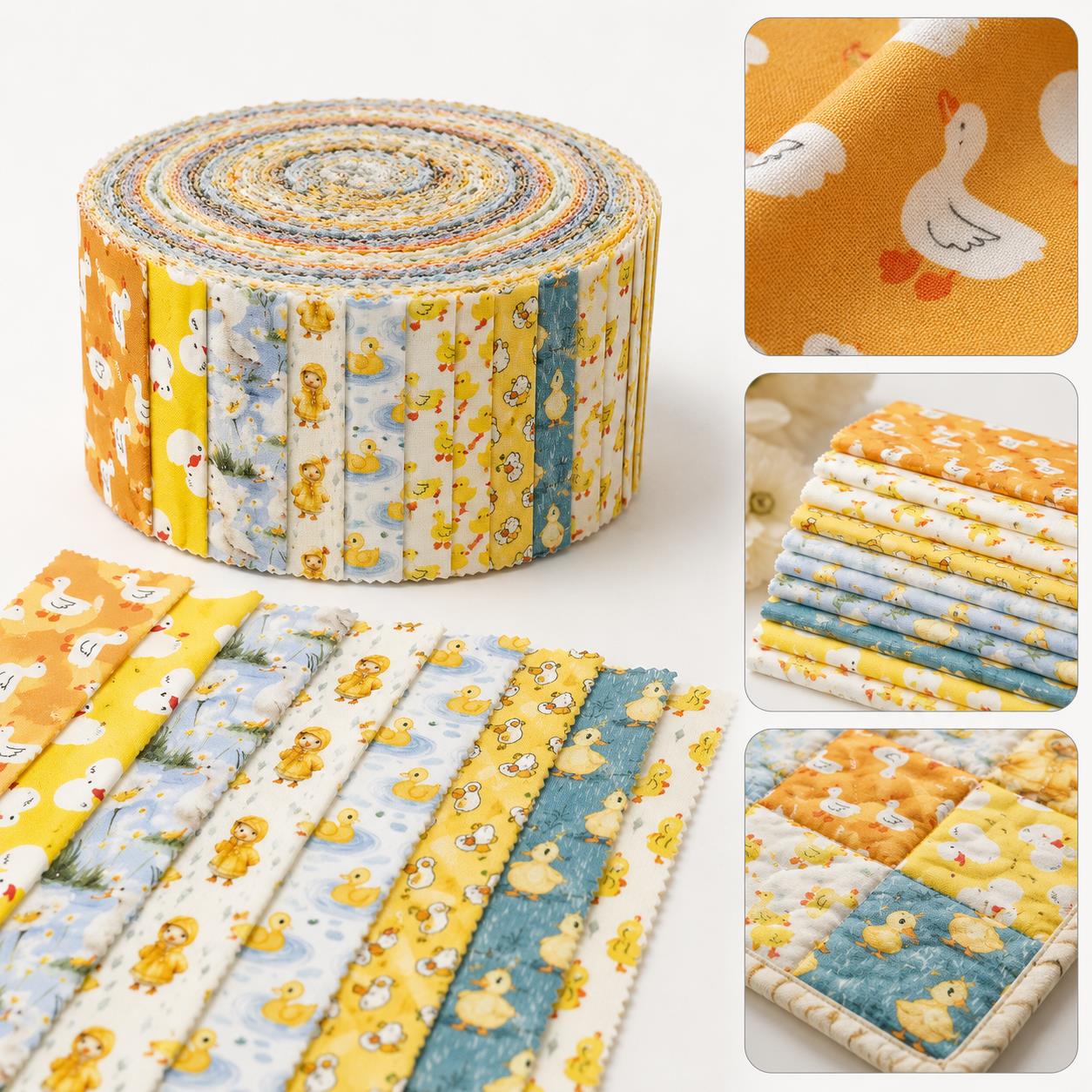 10Pc/Set, Making 10 Images 1pc Each, Each Size: 6.3*50cm Duck Yellow Series Sliced Fabric Set Style Combination, Polyester Jelly Roll Fabric Strips, Pre-Cut Quilting Squares, For Quilting DIY, Handicrafts And Sewing, Blankets, Rugs, Interior Decoration