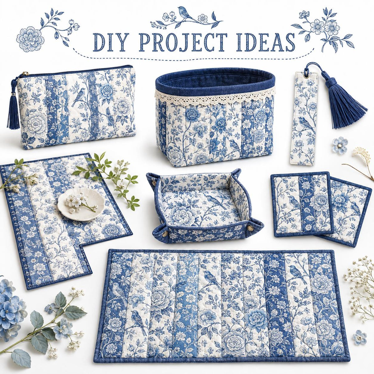 10pcs Vintage Blue Floral Pattern Jelly Roll Fabric Strips 2.5X19.7inch Pre-Cut 100% Polyester For Patchwork Quilts, Table Runners, Placemats, Tote Bags, Storage Pouches, Makeup Bags, Coasters, Quilt Blocks & Binding