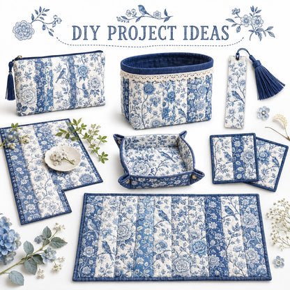 10pcs Vintage Blue Floral Pattern Jelly Roll Fabric Strips 2.5X19.7inch Pre-Cut 100% Polyester For Patchwork Quilts, Table Runners, Placemats, Tote Bags, Storage Pouches, Makeup Bags, Coasters, Quilt Blocks & Binding