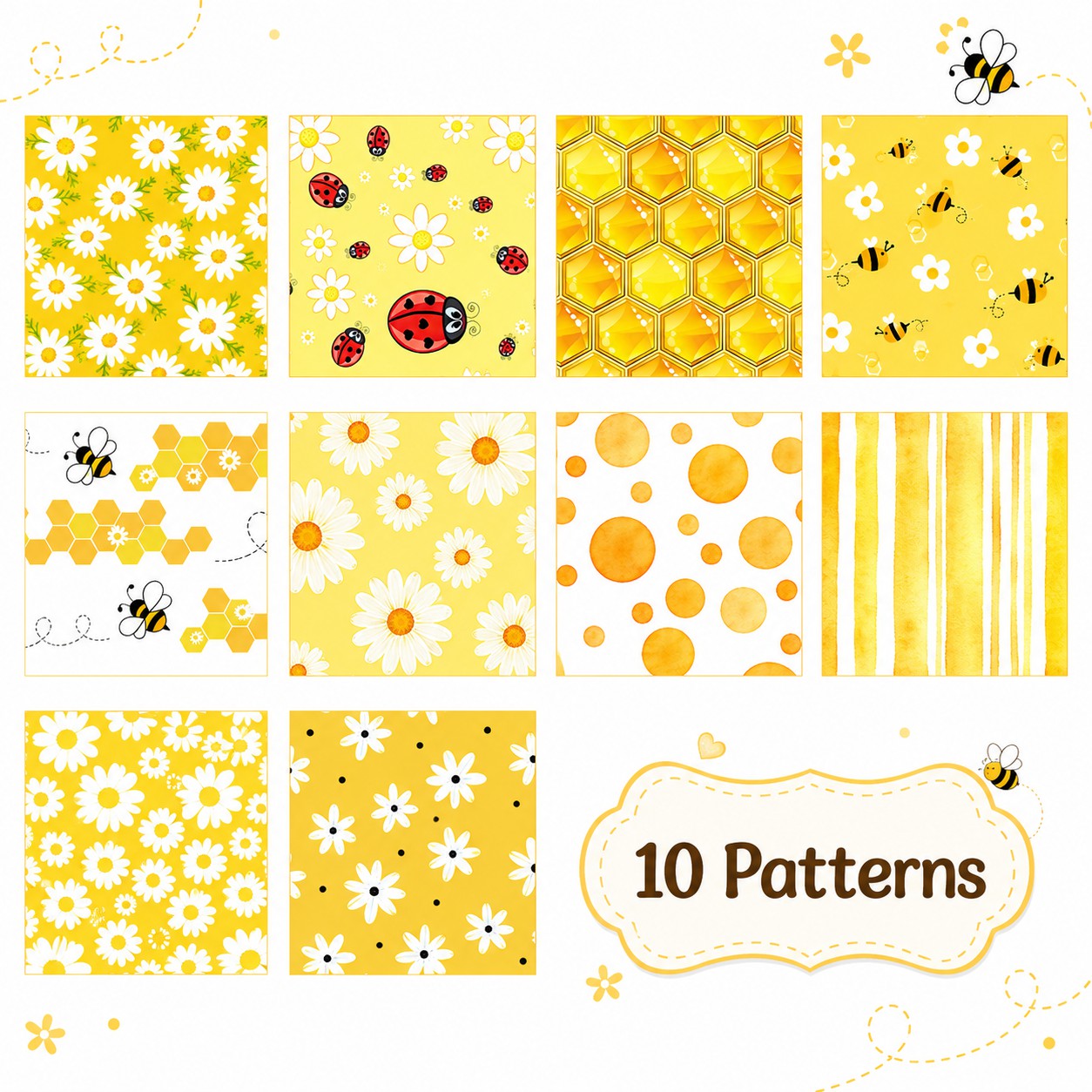 10Pc/Set, Making 10 Images 1pc Each, Each Size: 6.3*50cm Ladybug Bee Spring Daisy Yellow Series Sliced Fabric Set Style Combination, Polyester Jelly Roll Fabric Strips, Pre-Cut Quilting Squares, For Quilting DIY, Handicrafts And Sewing, Blankets, Rugs