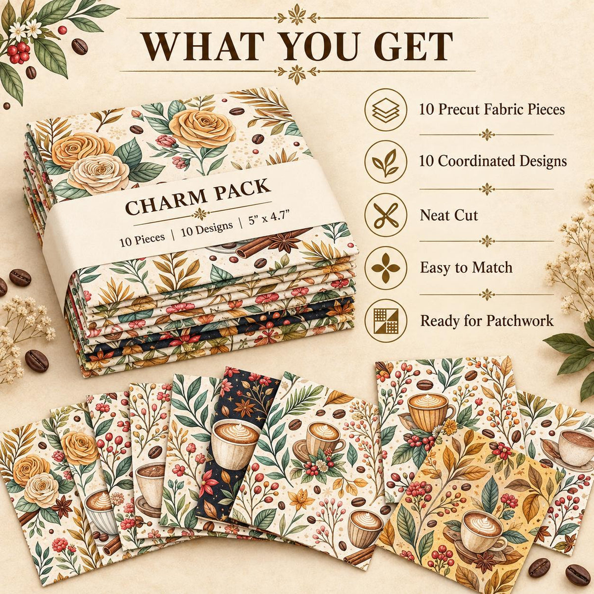 10Pc/Set Christmas Flower Coffee Beans Coffee Series Fat Quarter Fabric, Pre-Cut Square Fabric Assort, Fabric Set, Craft Fabric, Handmade DIY Patchwork Fabric,Home Quilting Sewing Fabric, Packaging Fabric, Scrapbooking Craft Hobbyist