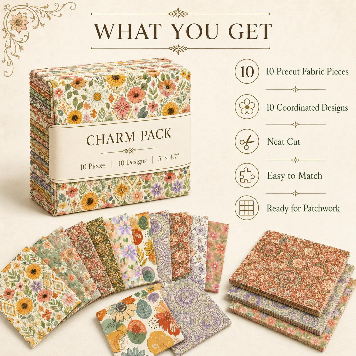 10pcs Charm Pack Set Floral Pattern Vintage Style Handmade DIY with Rich Color and Texture Elements 100% Polyester Patchwork in 10 Design Styles Suitable for Patchwork DIY Craft Projects DIY Wallet Making Gift Giving Bag Making Mother's Day Gift