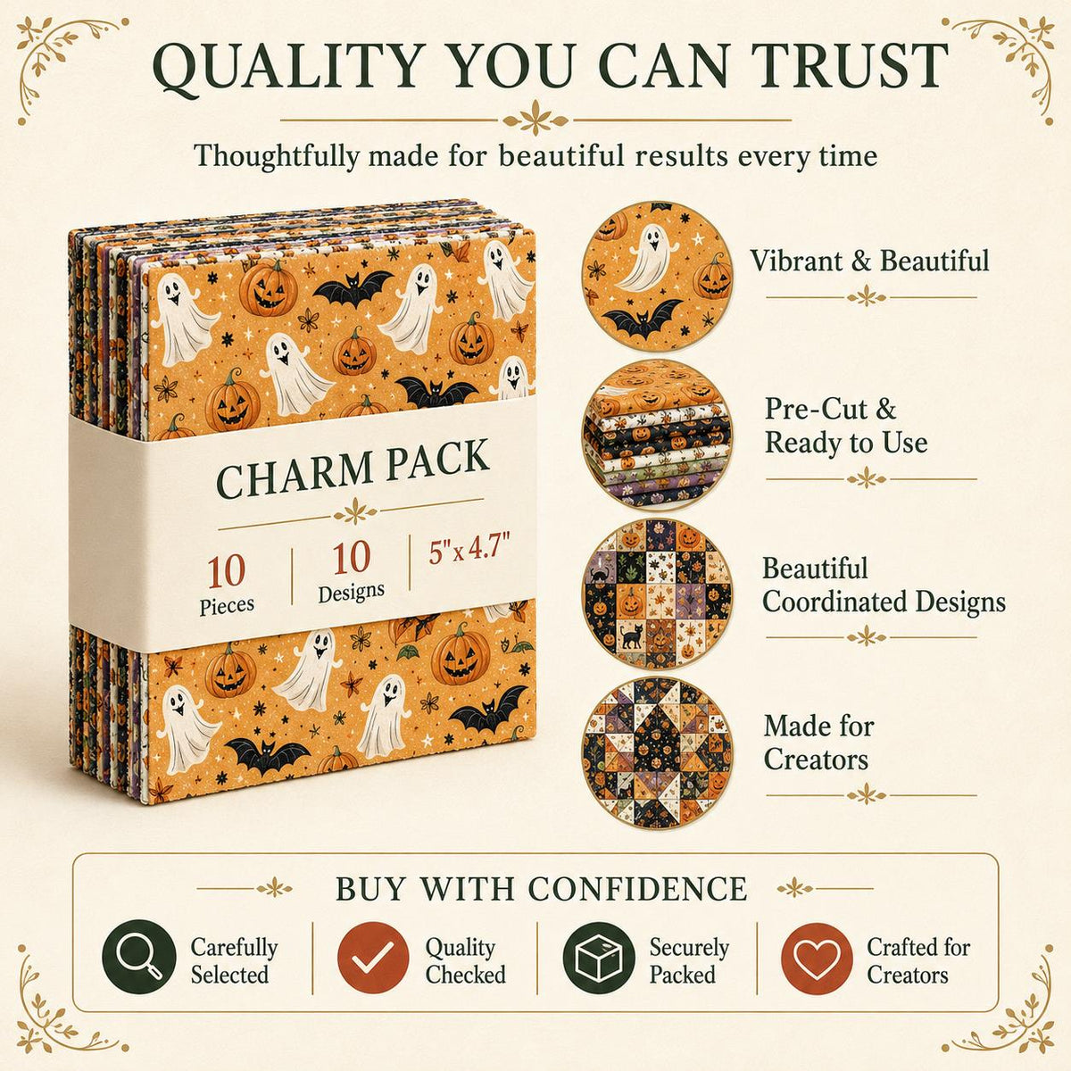 10pcs Charm Pack Set Halloween Pumpkin Ghost Pattern Vintage Style Handmade DIY with Rich Color and Texture Elements 100% Polyester Patchwork in 10 Design Styles Suitable for Patchwork DIY Craft Projects DIY Wallet Making Gift Giving Bag Making Mother's D