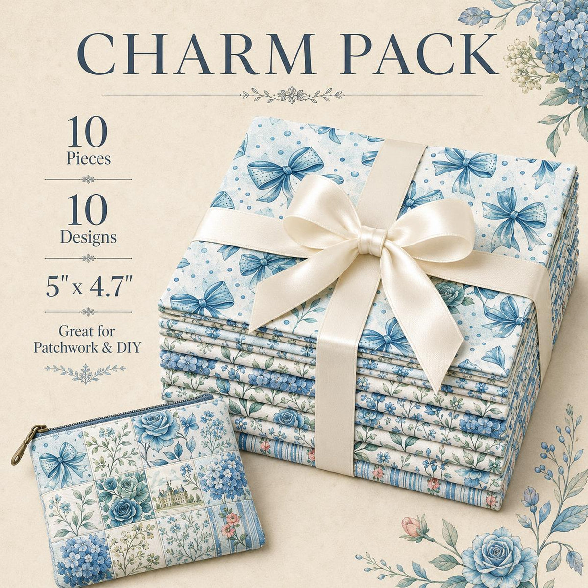 10pcs Charm Pack Set Floral Rose Bow Pattern Vintage Style Handmade DIY with Rich Color and Texture Elements 100% Polyester Patchwork in 10 Design Styles Suitable for Patchwork DIY Craft Projects DIY Wallet Making Gift Giving Bag Making Mother's Day Gift