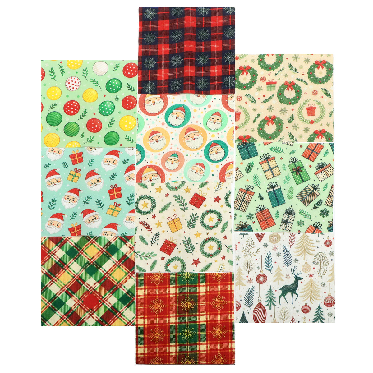 10Pc/Set Christmas Series Plaid Star Deer Santa Claus Gift Fat Quarter Fabric, Pre-Cut Square Fabric Assort, Fabric Set, Craft Fabric, Handmade DIY Patchwork Fabric,Home Quilting Sewing Fabric, Packaging Fabric, Scrapbooking Craft Hobbyist