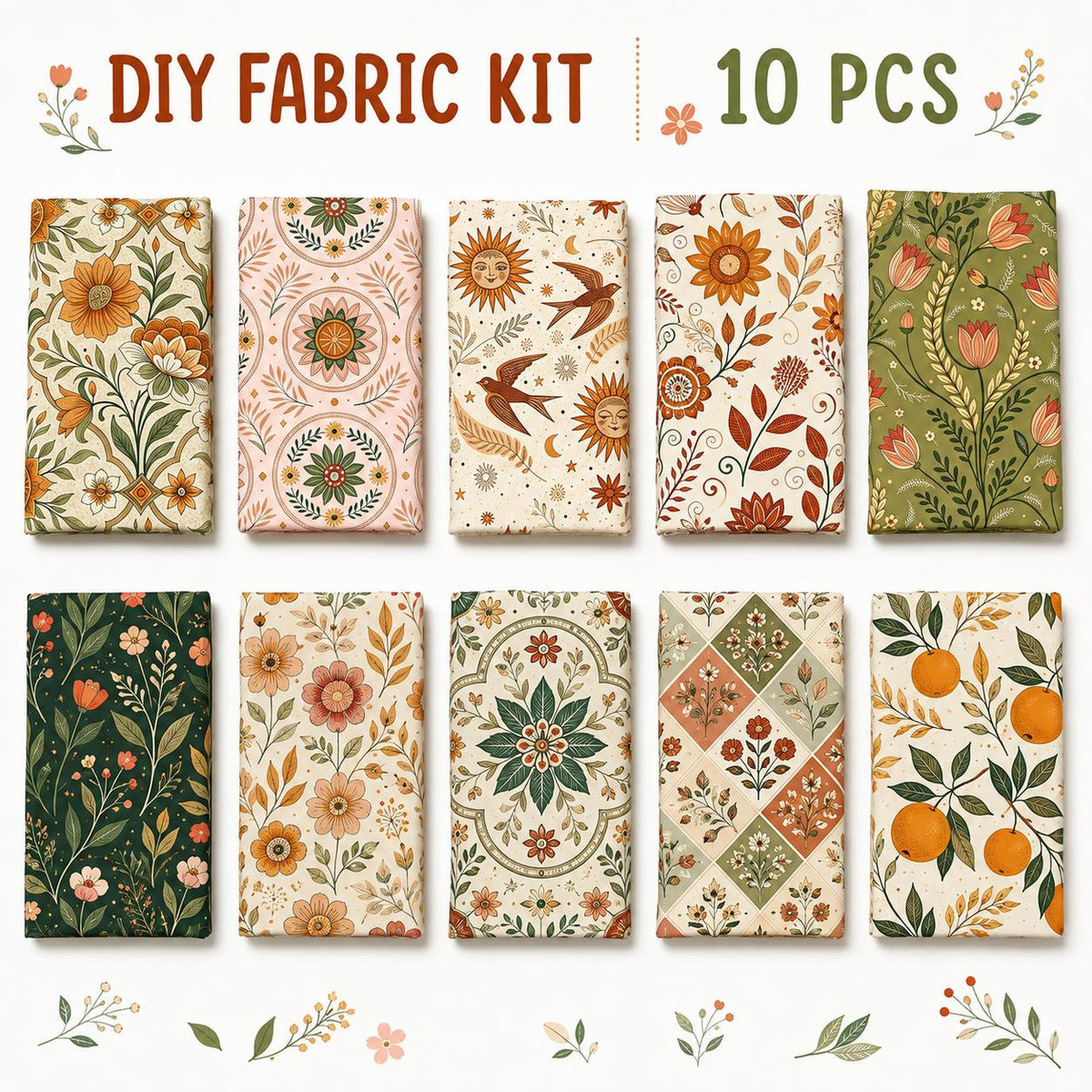 10pcs Charm Pack Set Floral Pattern 100% Polyester Patchwork in 10 Design Styles, Ready-to-Sew Without Cutting, Suitable For Patchwork Wallet Making Gift Giving Tote Bags Coasters DIY Craft Projects