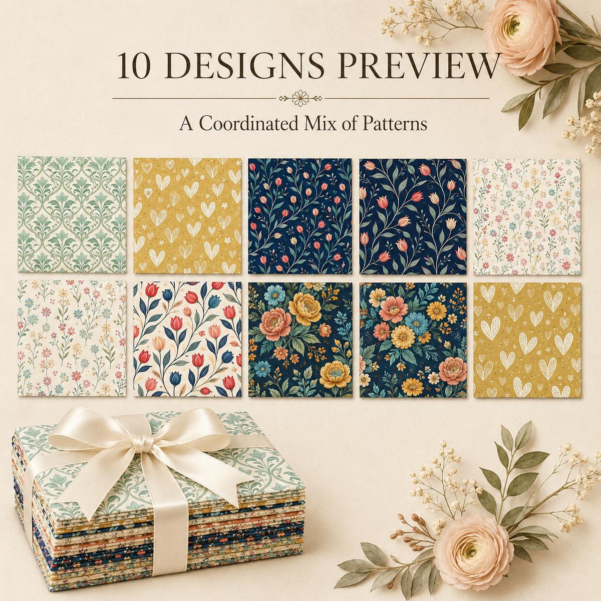 10pcs Charm Pack Set Floral Pattern Vintage Style Handmade DIY with Rich Color and Texture Elements 100% Polyester Patchwork in 10 Design Styles Suitable for Patchwork DIY Craft Projects DIY Wallet Making Gift Giving Bag Making Mother's Day Gift
