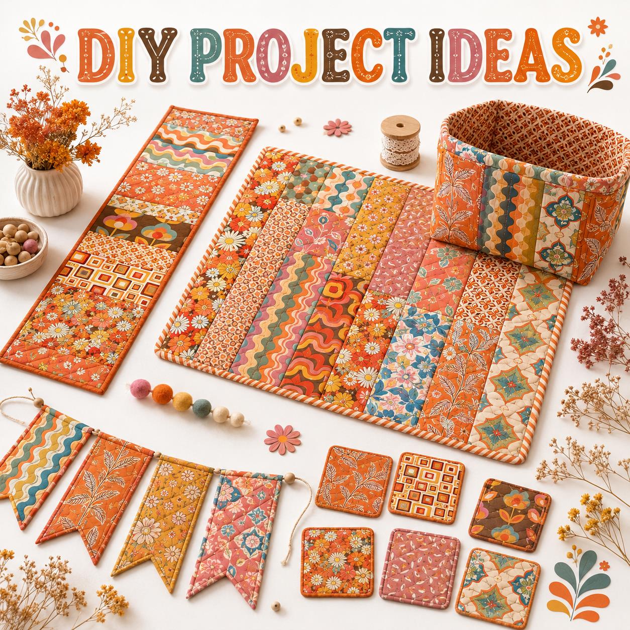 10pcs Vintage Floral Orange Pattern Jelly Roll Fabric Strips 2.5X19.7inch Pre-cut 100% Polyester for Patchwork Quilts, Table Runners, Placemats, Tote Bags, Storage Pouches, Makeup Bags, Coasters, Quilt Blocks & Binding