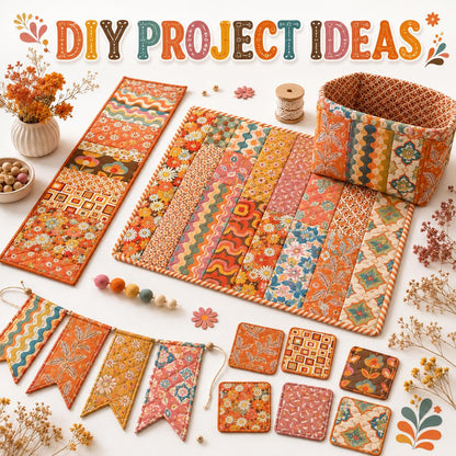 10pcs Vintage Floral Orange Pattern Jelly Roll Fabric Strips 2.5X19.7inch Pre-cut 100% Polyester for Patchwork Quilts, Table Runners, Placemats, Tote Bags, Storage Pouches, Makeup Bags, Coasters, Quilt Blocks & Binding