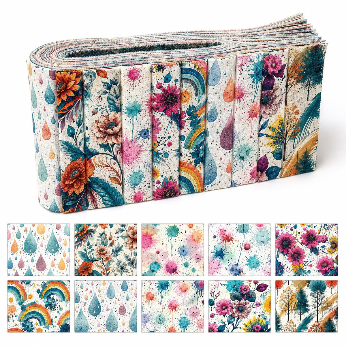 10pcs Vintage Floral Paint Splatter Pattern Jelly Roll Fabric Strips 2.5X19.7inch Pre-Cut 100% Polyester For Patchwork Quilts, Table Runners, Placemats, Tote Bags, Storage Pouches, Makeup Bags, Coasters, Quilt Blocks & Binding