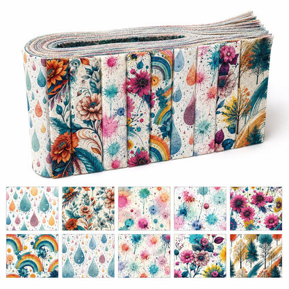 10pcs Vintage Floral Paint Splatter Pattern Jelly Roll Fabric Strips 2.5X19.7inch Pre-Cut 100% Polyester For Patchwork Quilts, Table Runners, Placemats, Tote Bags, Storage Pouches, Makeup Bags, Coasters, Quilt Blocks & Binding