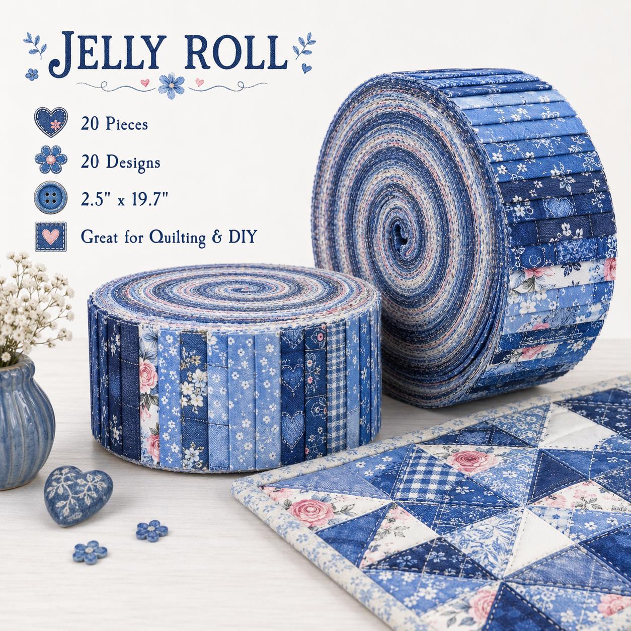 20pcs Vintage Denim Pattern Blue Series Jelly Roll Sliced Fabric Strips 2.5X19.7inch Pre-Cut Floral Bow Knot Printed Multi-Color 100% Polyester For DIY Handmade Patchwork, Table Runners, Placemats, Tote Bags, Storage Pouches, Makeup Bags, Coasters