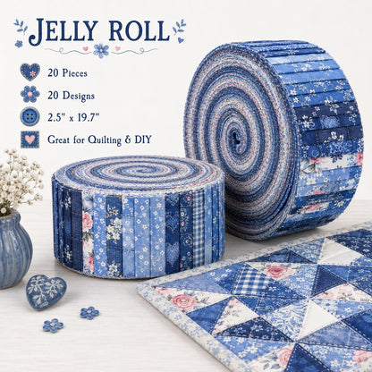 20pcs Vintage Denim Pattern Blue Series Jelly Roll Sliced Fabric Strips 2.5X19.7inch Pre-Cut Floral Bow Knot Printed Multi-Color 100% Polyester For DIY Handmade Patchwork, Table Runners, Placemats, Tote Bags, Storage Pouches, Makeup Bags, Coasters