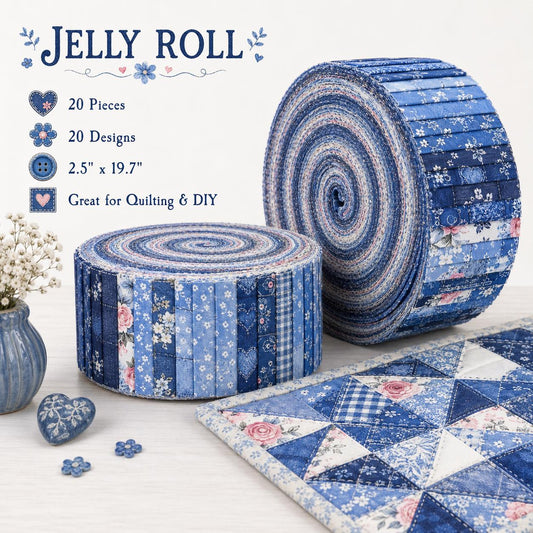 20pcs Vintage Denim Pattern Blue Series Jelly Roll Sliced Fabric Strips 2.5X19.7inch Pre-Cut Floral Bow Knot Printed Multi-Color 100% Polyester For DIY Handmade Patchwork, Table Runners, Placemats, Tote Bags, Storage Pouches, Makeup Bags, Coasters