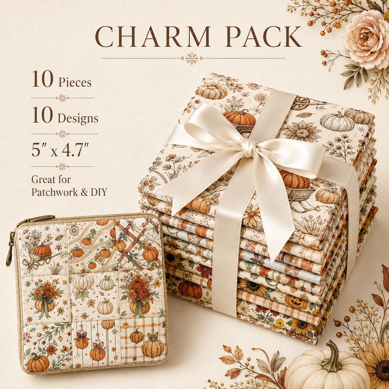 10Pc/Set Autumn Pumpkin Series Plaid Bowknot Flower Fat Quarter Fabric, Pre-Cut Square Fabric Assort, Fabric Set, Craft Fabric, Handmade DIY Patchwork Fabric,Home Quilting Sewing Fabric, Packaging Fabric, Scrapbooking Craft Hobbyist