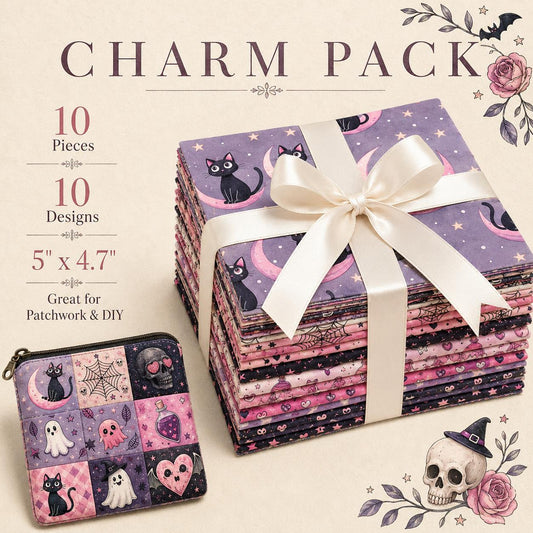 10pcs Charm Pack Set  Bat Ghost Skull Halloween Vintage Style Pattern Handmade DIY with Rich Color and Texture Elements 100% Polyester Patchwork in 10 Design Styles Suitable for Patchwork DIY Craft Projects DIY Wallet Making Gift Giving Bag Making