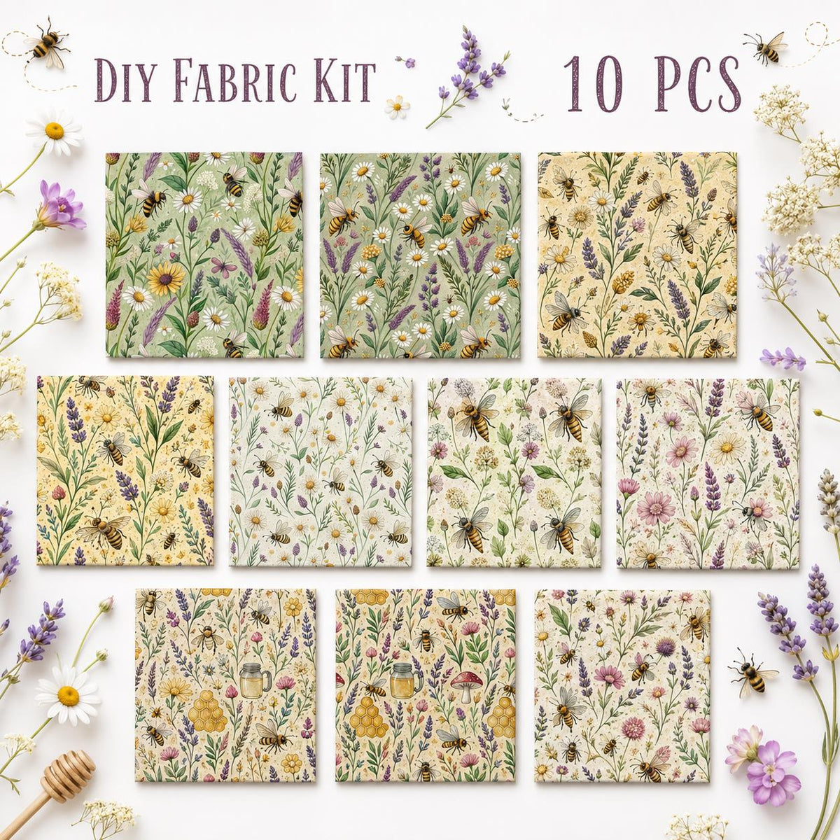 10Pc/Set Flower Daisy Series Bee Mushroom Lavender Fat Quarter Fabric, Pre-Cut Square Fabric Assort, Fabric Set, Craft Fabric, Handmade DIY Patchwork Fabric,Home Quilting Sewing Fabric, Packaging Fabric, Scrapbooking Craft Hobbyist