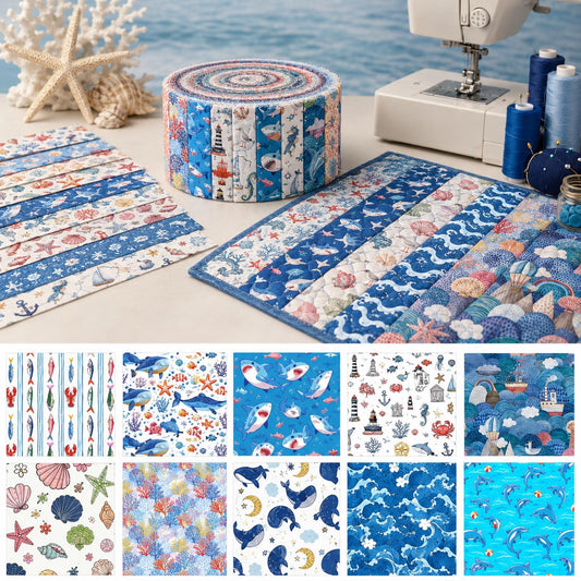 10pcs Vintage Fish Shark Shell Ocean Theme Jelly Roll Fabric Strips 2.5X19.7inch Pre-Cut 100% Cotton For Patchwork Quilts, Table Runners, Placemats, Tote Bags, Storage Pouches, Makeup Bags, Coasters, Quilt Blocks & Binding