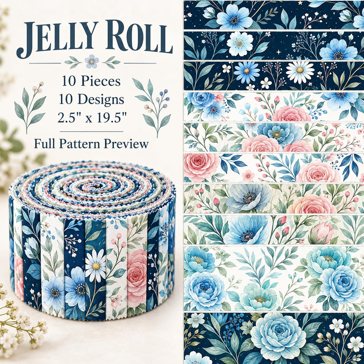 10pcs Vintage Blue Floral Pattern Jelly Roll Fabric Strips 2.5X19.7inch Pre-Cut 100% Polyester For Patchwork Quilts, Table Runners, Placemats, Tote Bags, Storage Pouches, Makeup Bags, Coasters, Quilt Blocks & Binding