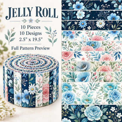 10pcs Vintage Blue Floral Pattern Jelly Roll Fabric Strips 2.5X19.7inch Pre-Cut 100% Polyester For Patchwork Quilts, Table Runners, Placemats, Tote Bags, Storage Pouches, Makeup Bags, Coasters, Quilt Blocks & Binding