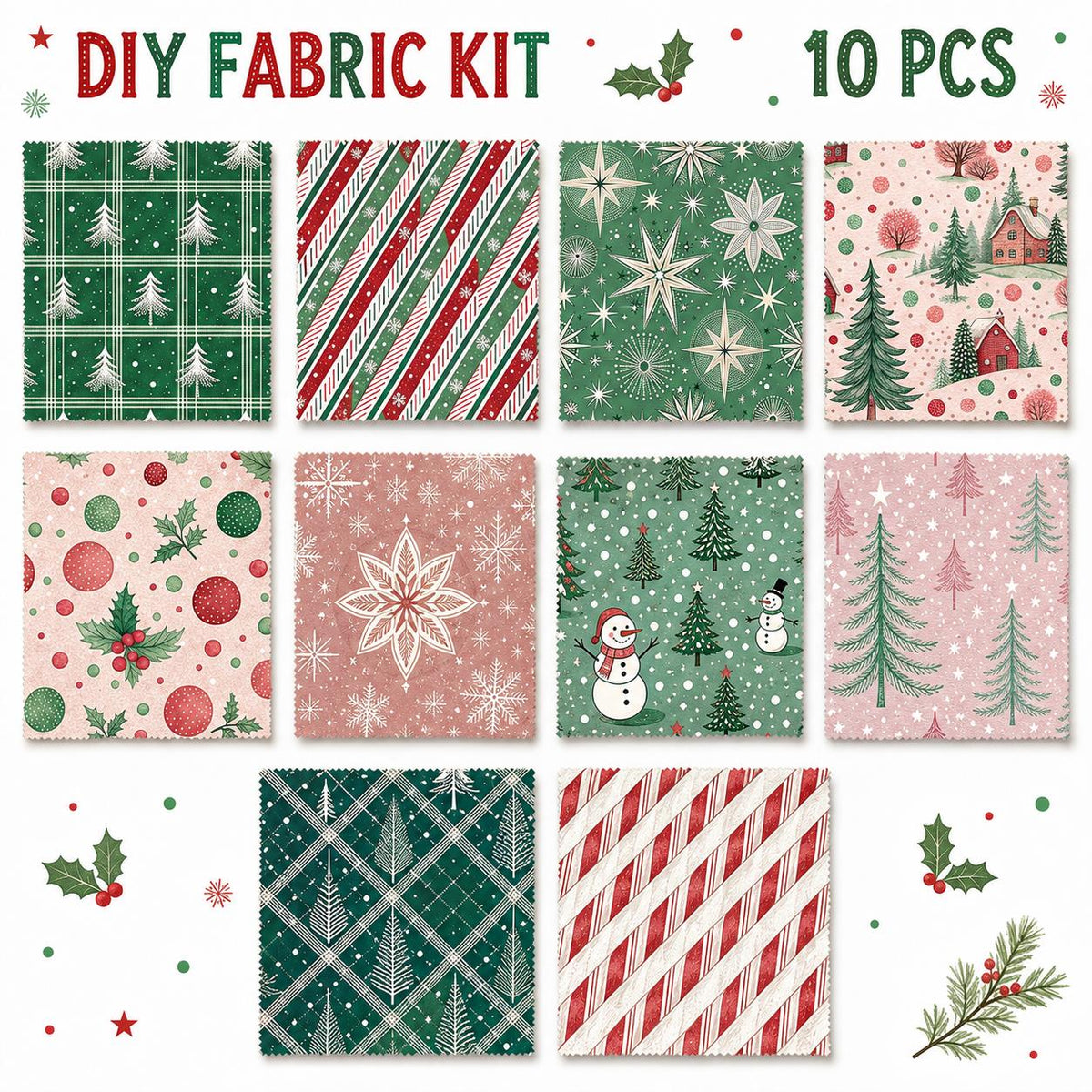10Pc/Set Christmas Series Dot Stripe Plaid Tree Holly Crutch Fat Quarter Fabric, Pre-Cut Square Fabric Assort, Fabric Set, Craft Fabric, Handmade DIY Patchwork Fabric,Home Quilting Sewing Fabric, Packaging Fabric, Scrapbooking Craft Hobbyist