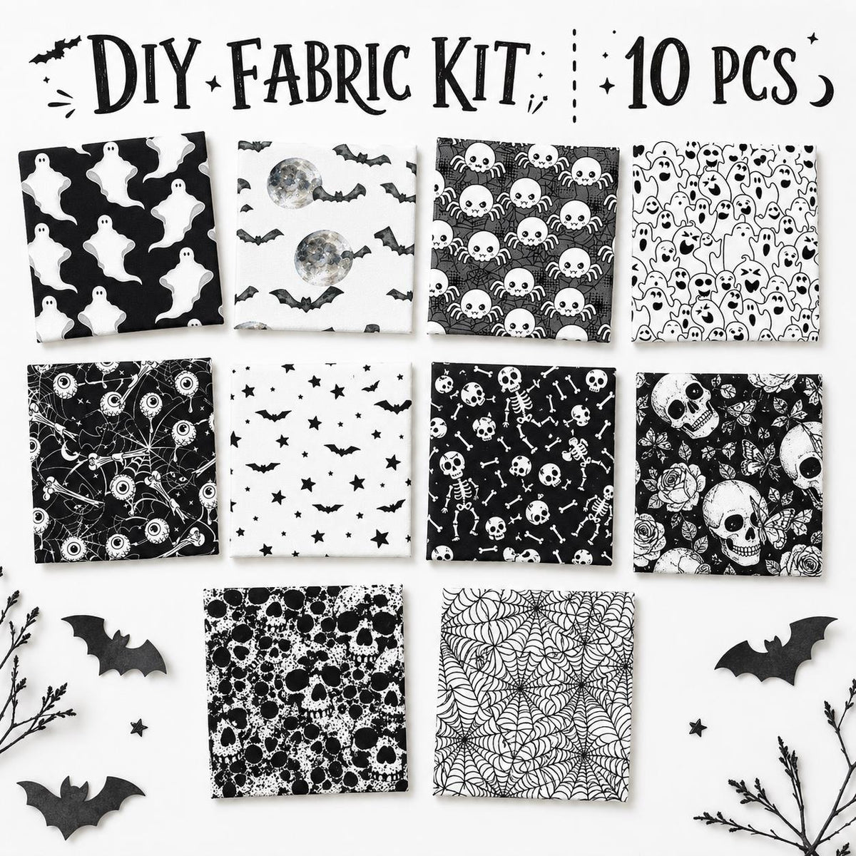 10Pc/Set Halloween Series Skull Moon Bat Fat Quarter Fabric, Pre-Cut Square Fabric Assort, Fabric Set, Craft Fabric, Handmade DIY Patchwork Fabric,Home Quilting Sewing Fabric, Packaging Fabric, Scrapbooking Craft Hobbyist