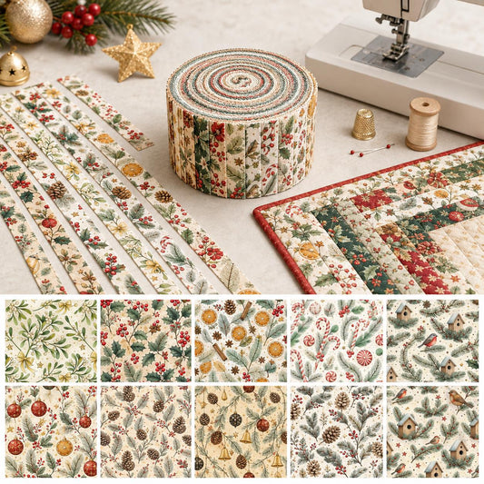 10pcs Vintage Holly Candy Pine Cones Christmas Pattern Jelly Roll Fabric Strips 2.5X19.7inch Pre-Cut 100% Polyester For Patchwork Quilts, Table Runners, Placemats, Tote Bags, Storage Pouches, Makeup Bags, Coasters, Quilt Blocks & Binding