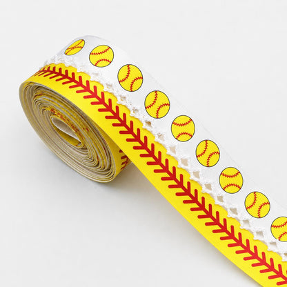 5 Yards Sport Series Ribbon Adorned with Softball Pattern, Width 32mm/1.26-Inch, Two Ribbon Equipped with White Yellow Center Hook Edge, Ideal for Showcasing Jewelry And Wrapping Gifts, Creating Bows, Holiday Decorations